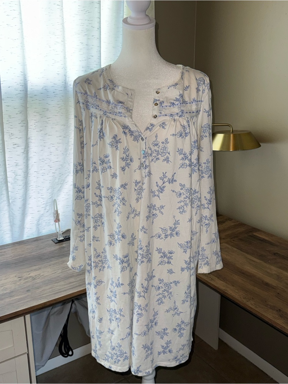 Women's white Nightgown with Blue Floral Print